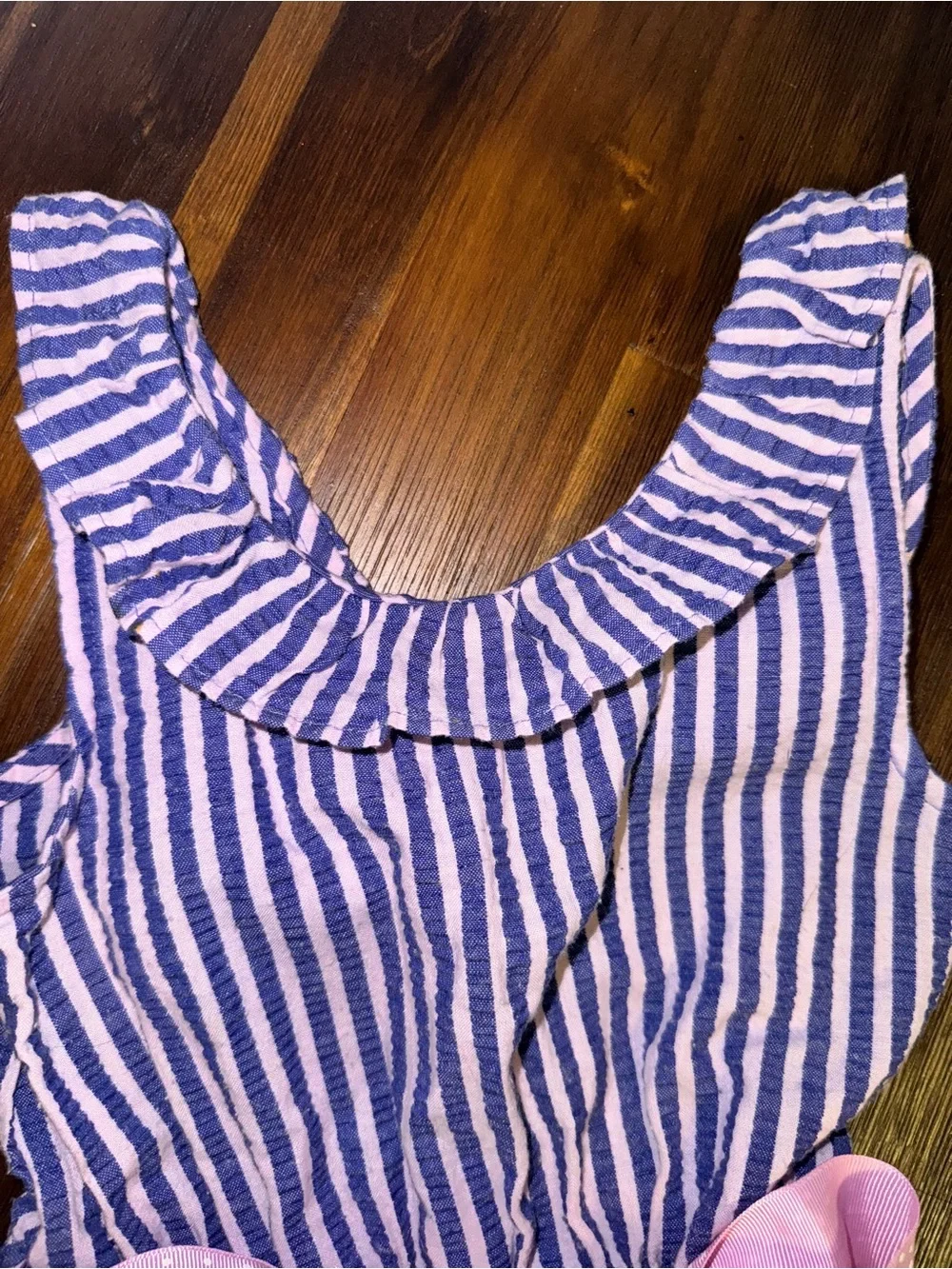 Bonnie Jean Blue Stripe Sleeveless Skort Romper with Pink Bow Belt - Size 6